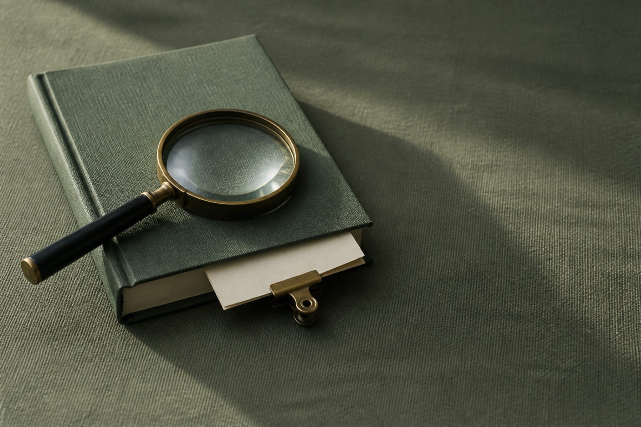 A brass-rimmed magnifying glass resting on a pine-green clothbound ledger with a blank audit slip