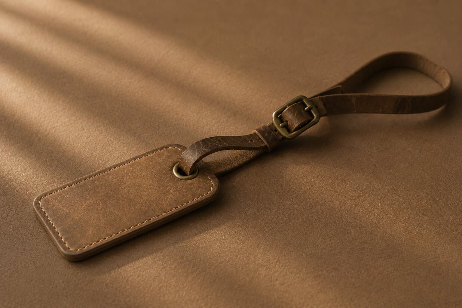 A worn leather luggage tag on a strap with a brass buckle on a warm caramel surface