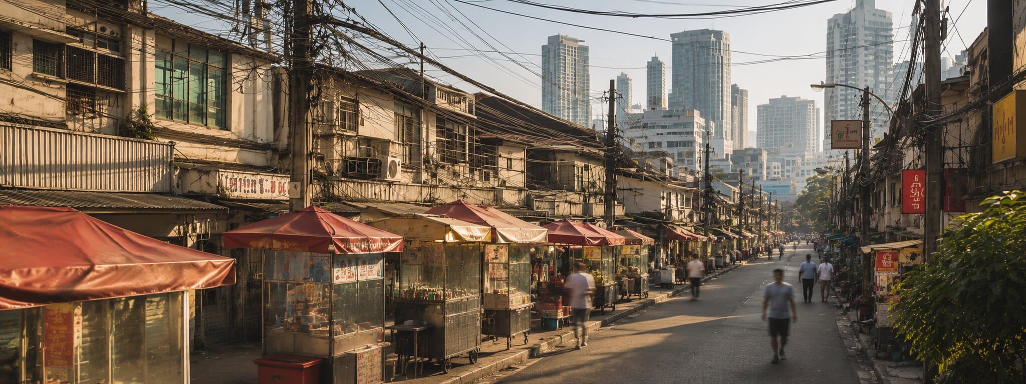 A Bangkok street at warm dusk, with market stalls and towers behind