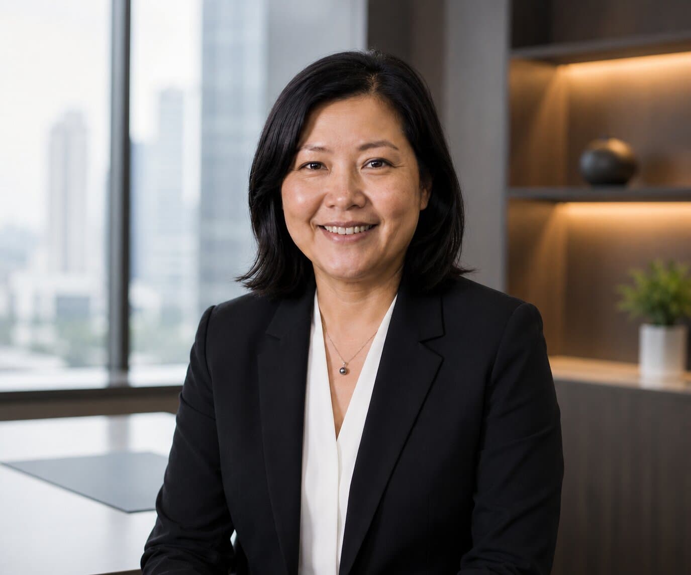 Portrait of a smiling lawyer, with a city skyline behind her