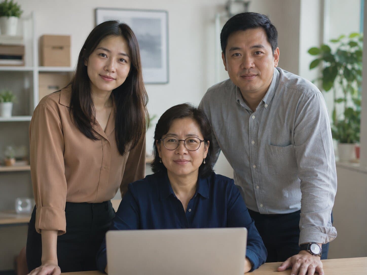 Three colleagues gathered around a laptop in an office