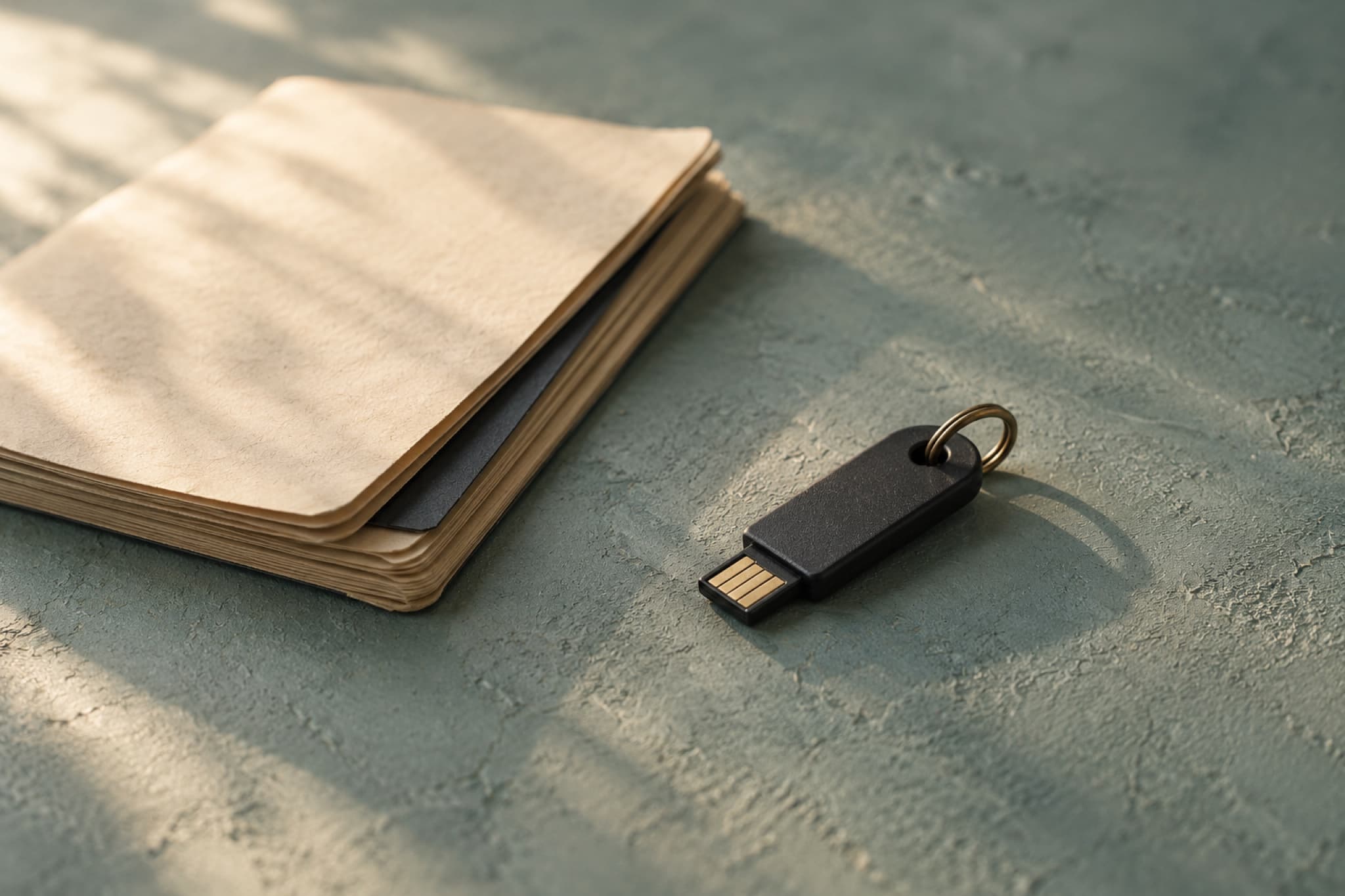 A blank carbon-copy invoice book beside a small matte hardware signing token on a muted sea-glass surface in soft daylight